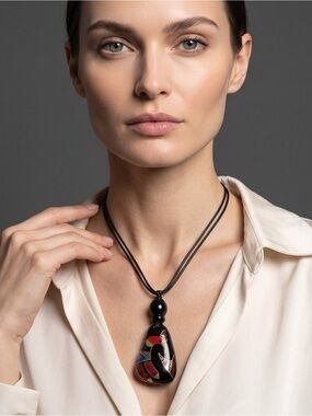 VINTAGE ATC HAND PAINTED LARGE PENDANT  ADJUSTABLE  LEATHER STRAP NECKLACE
